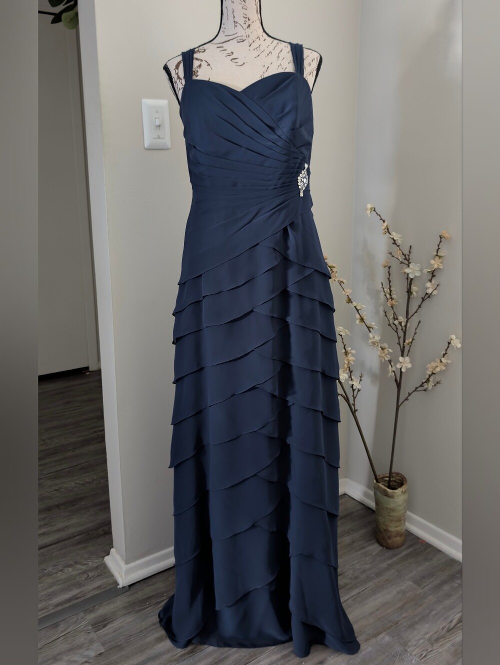 Navy Tiered Ruffle Maxi Dress with Crystal Accent